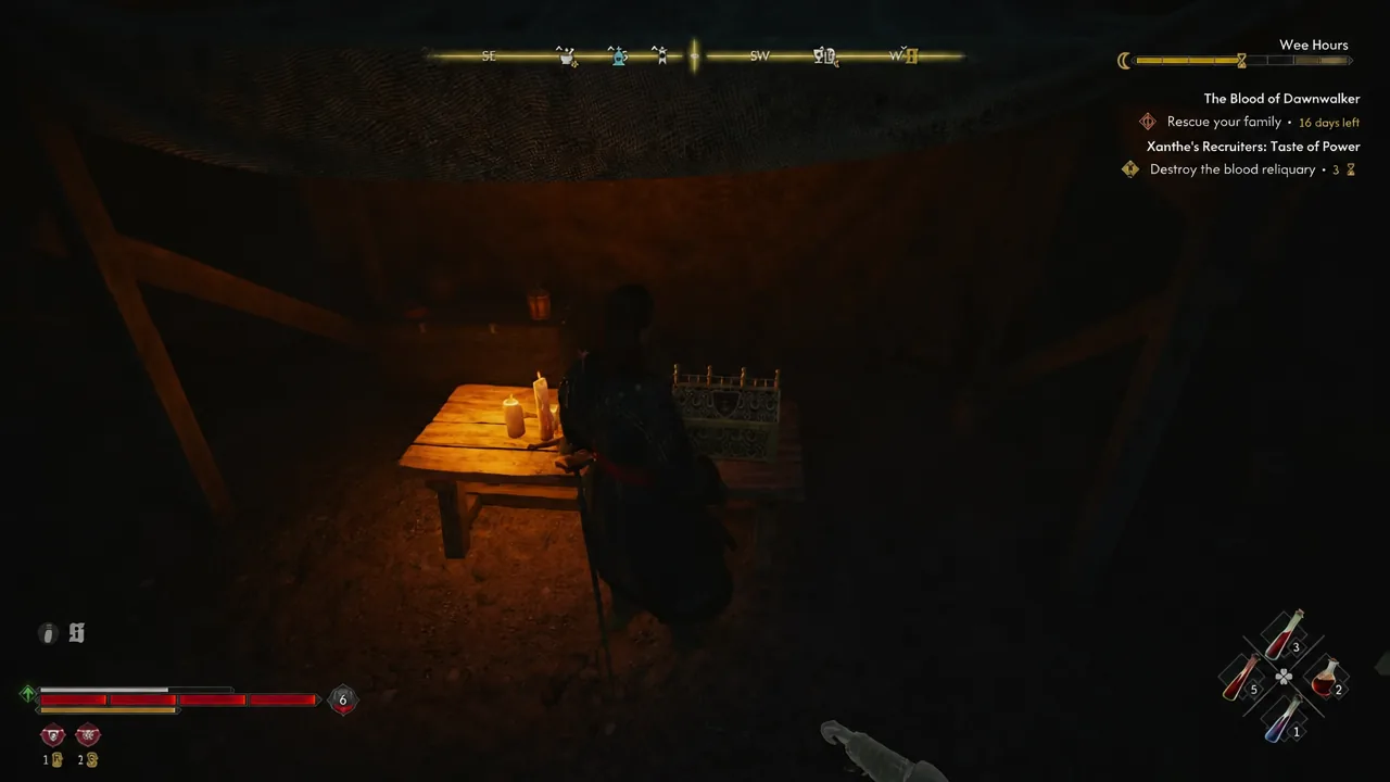 Coen beside the candlelit table and chest holding the blood reliquary, quest objectives on screen