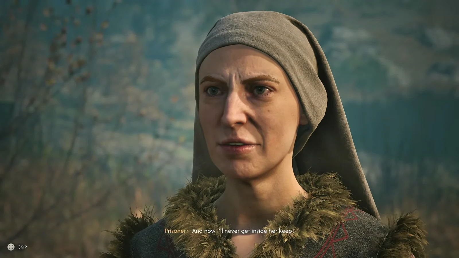 Cinematic conversation with the freed prisoner, with the skip prompt in the lower-left corner