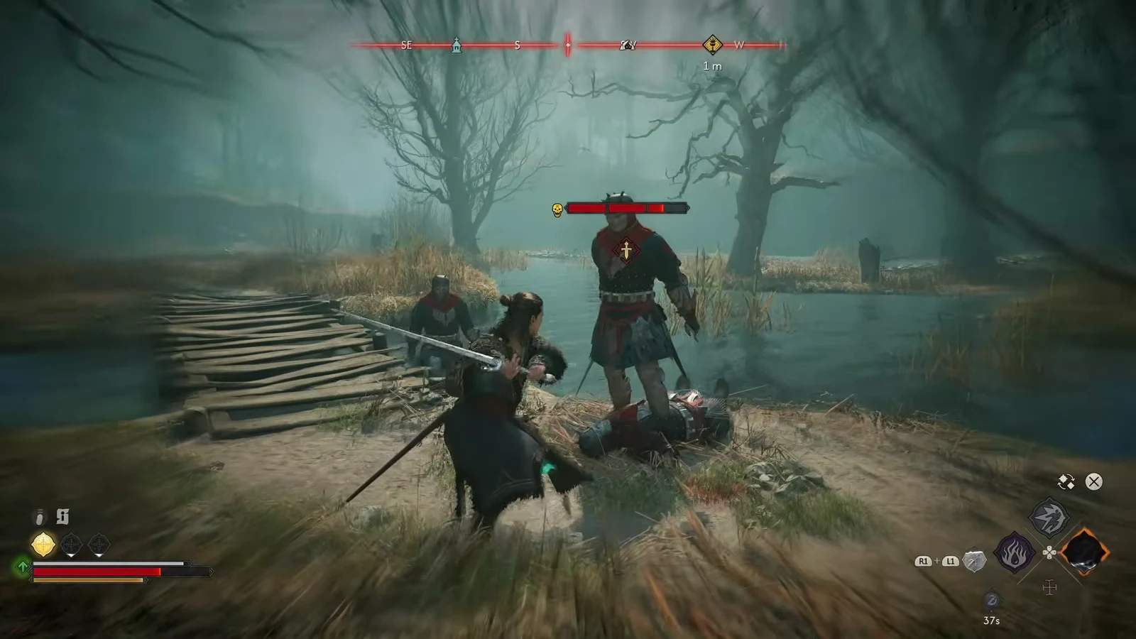 Coen attacks a marked enemy standing on the swamp bridge with the combat HUD visible