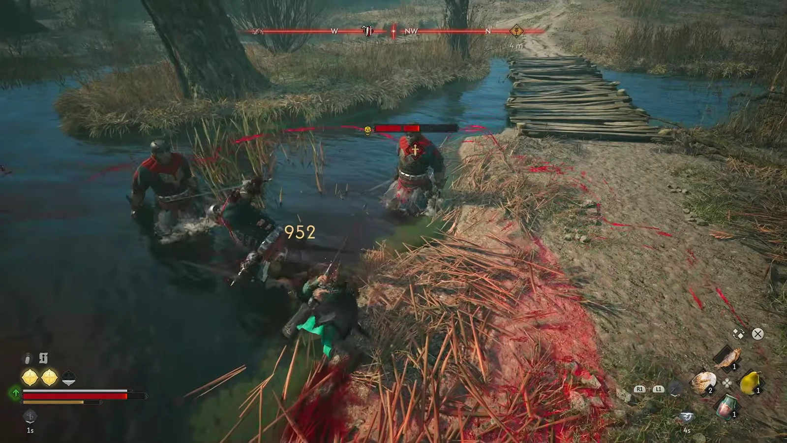Two red-clad soldiers fought in shallow water beside a wooden bridge, with a 952 damage number on screen