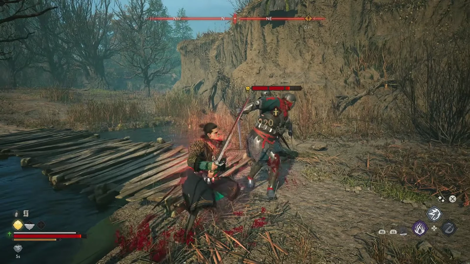 Coen swings his sword into an armored escort soldier as the enemy health bar drains
