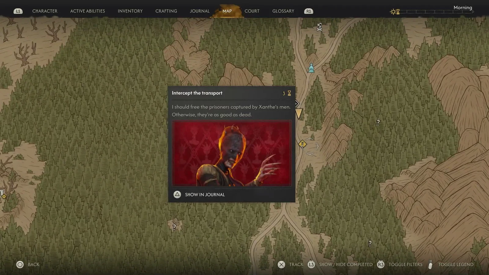 Map screen showing the Intercept the transport objective marker in Tantari Woods