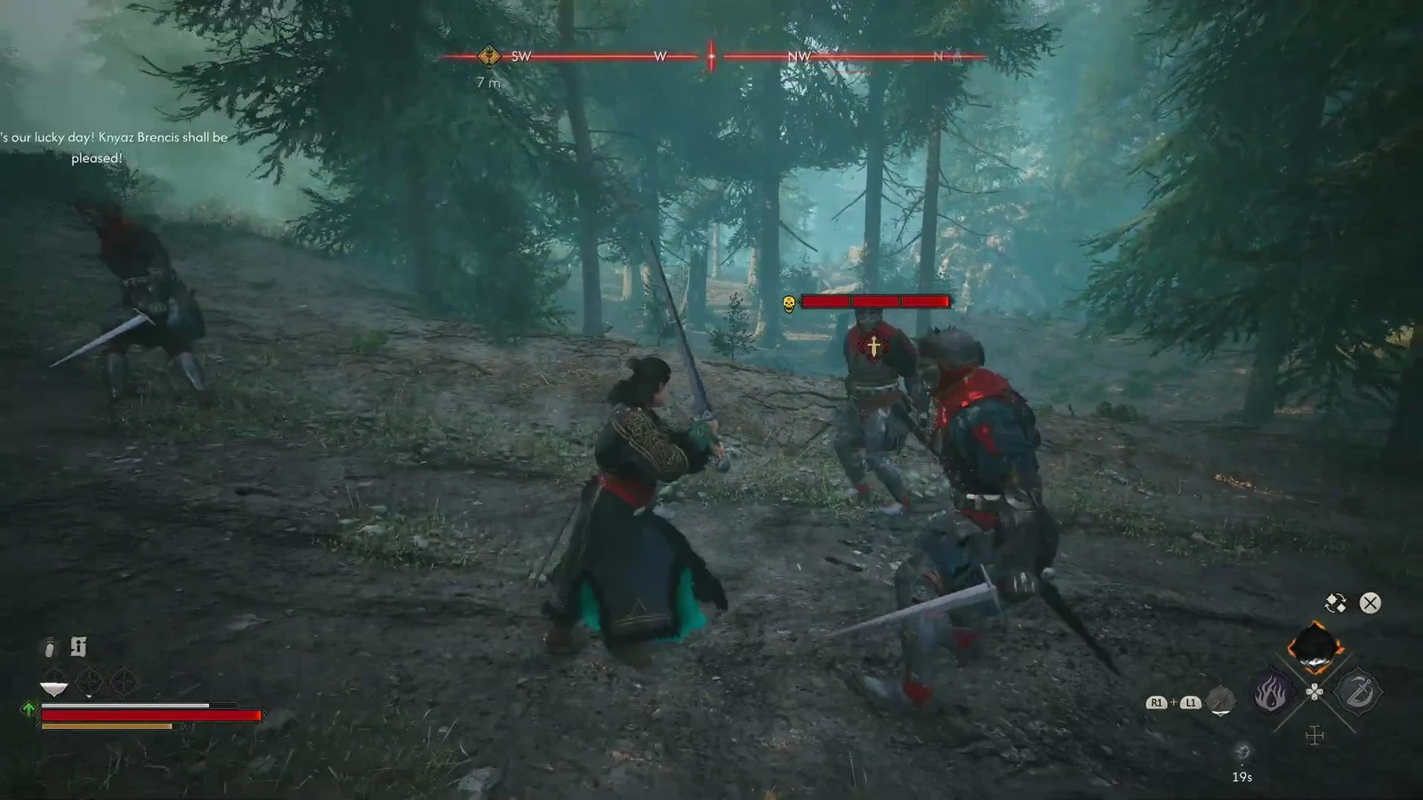 Coen fighting armored escort guards on a forest path with the combat HUD active