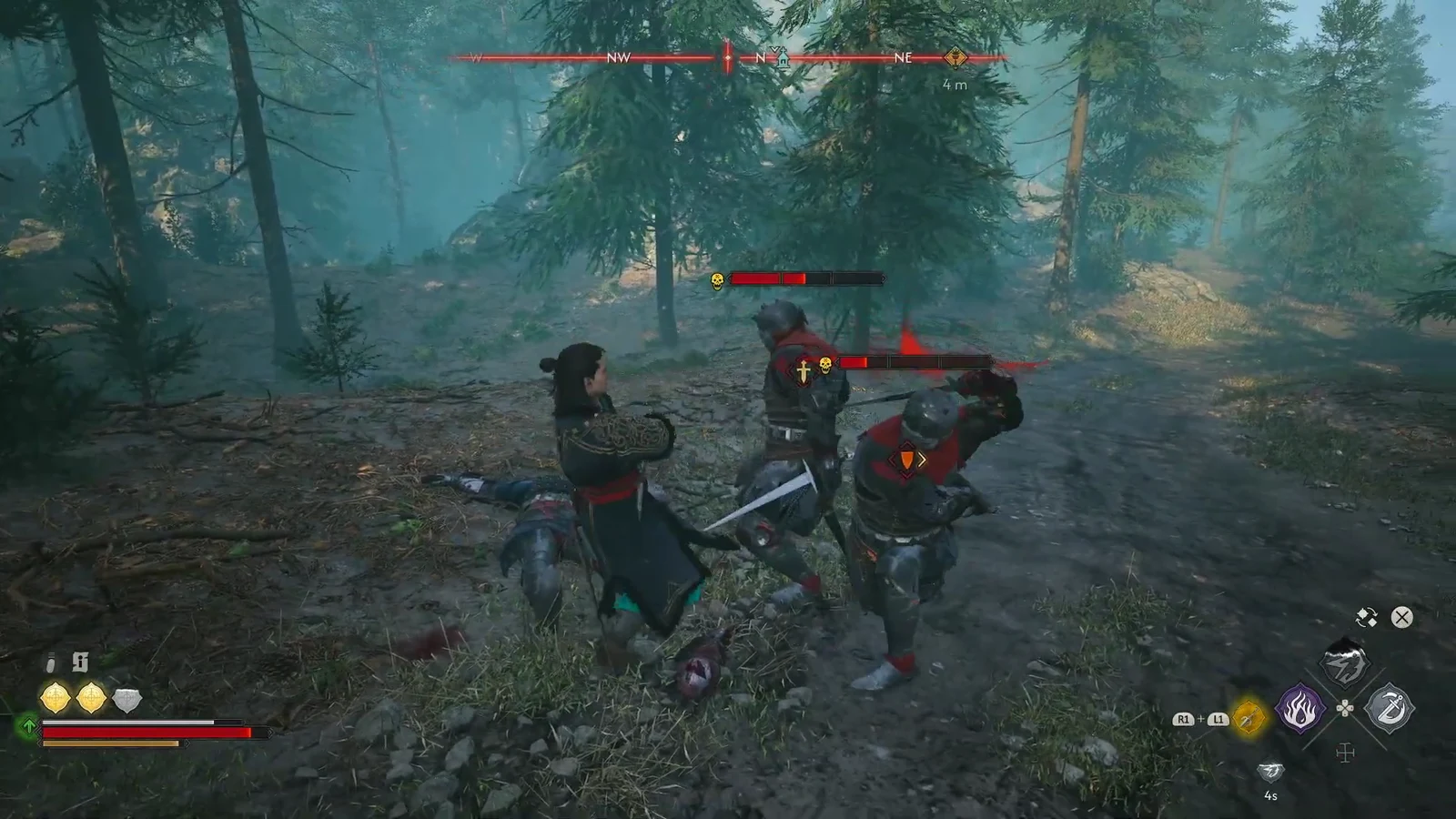 Two enemy health bars shown as Coen attacks the remaining guards in the woods