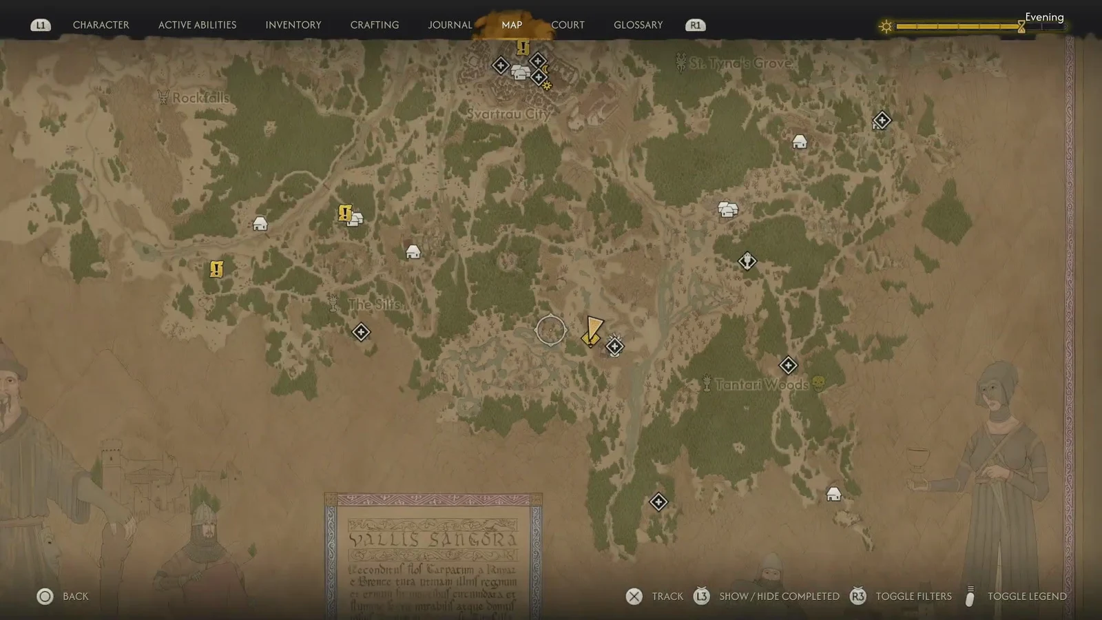 Map screen with the Past Glory objective marker highlighted in the forest near Tantari Woods