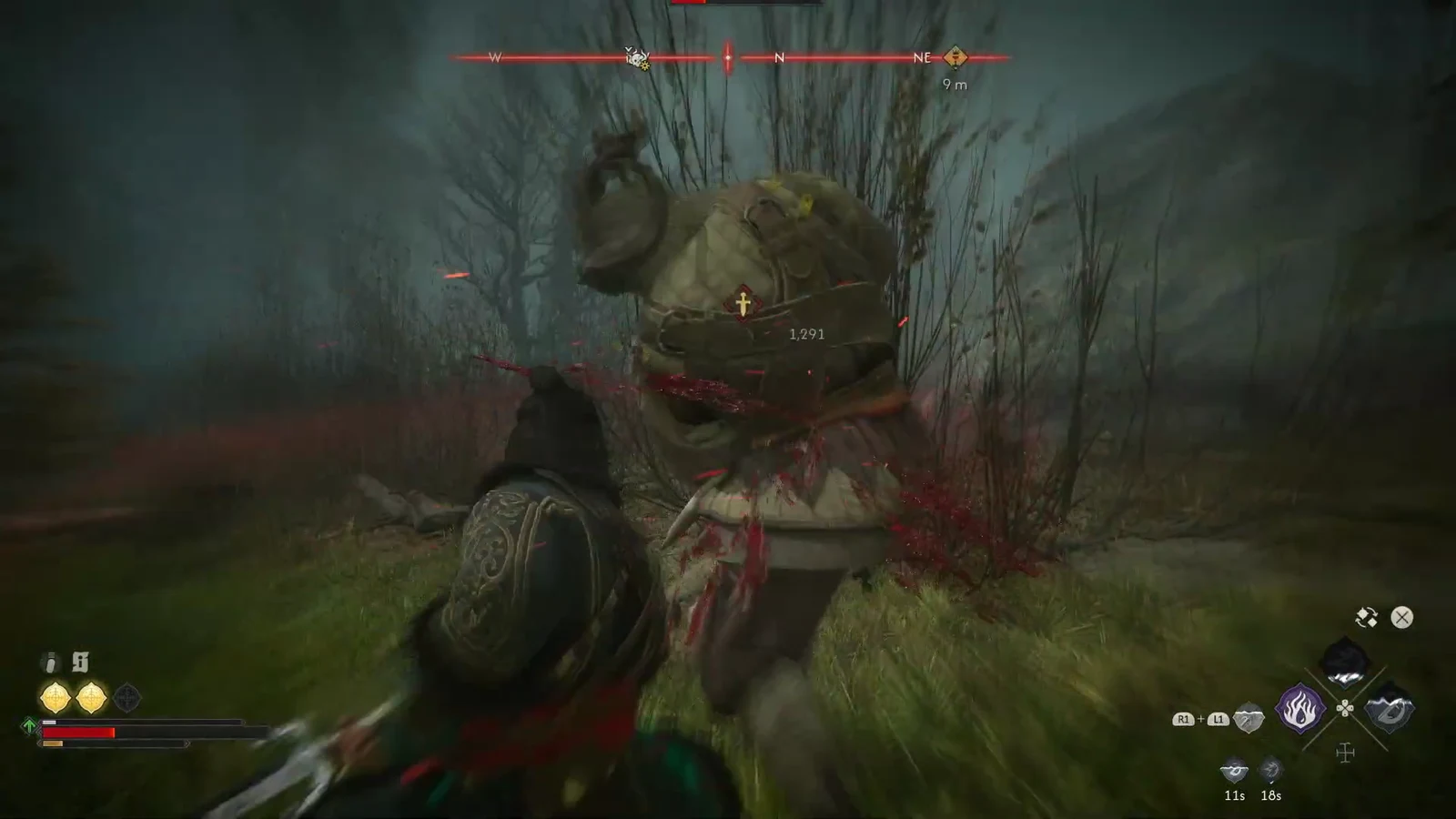 Damage number of 1,291 popping off a large armored guard during the Past Glory fight