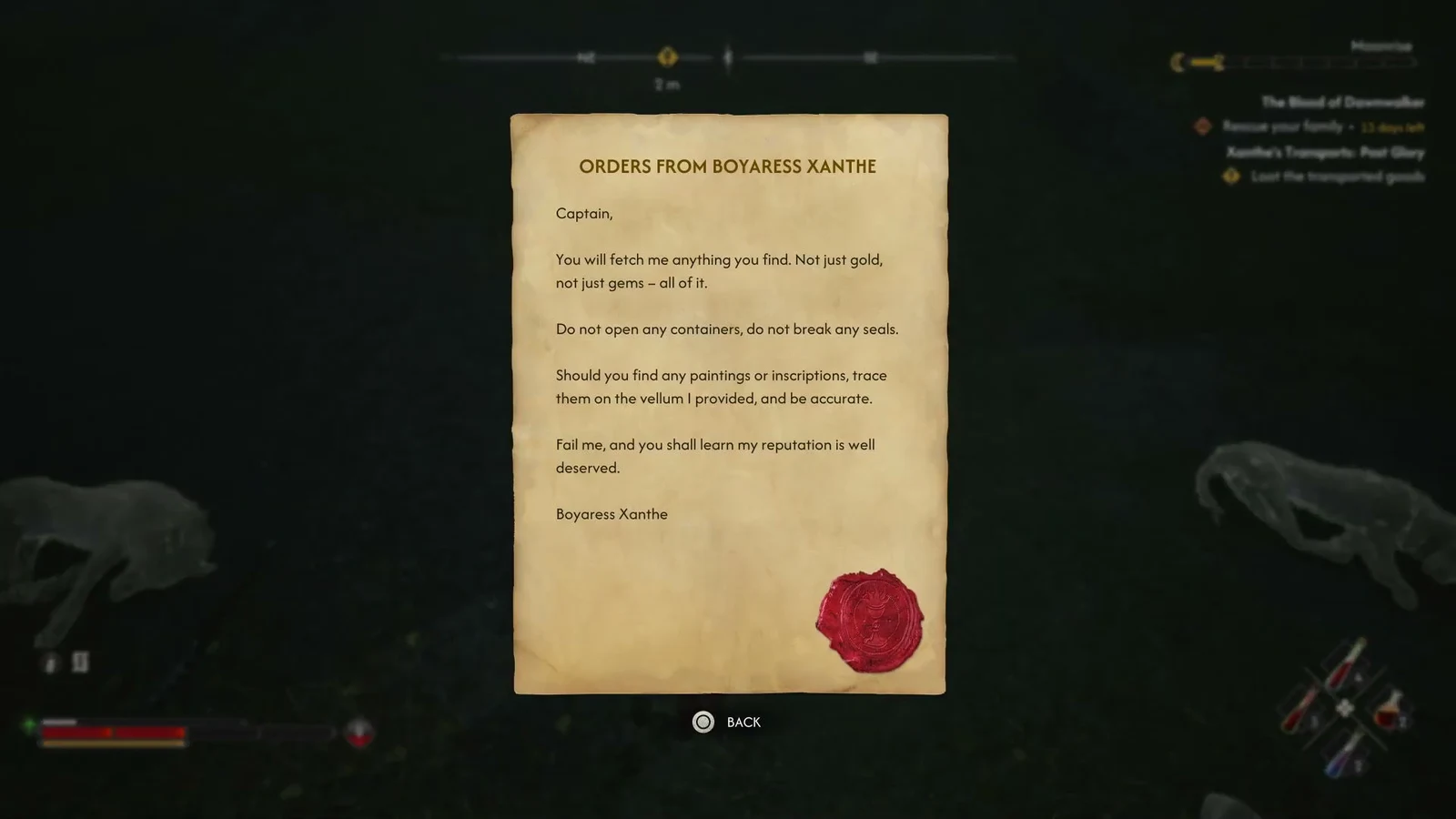 The Orders from Boyaress Xanthe letter open on screen, telling the crew not to open the containers