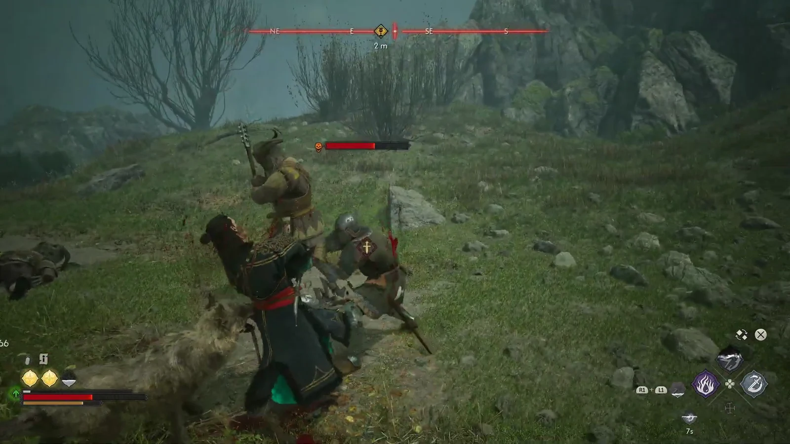 Coen striking a mounted armored guard on the forest road during the transport ambush
