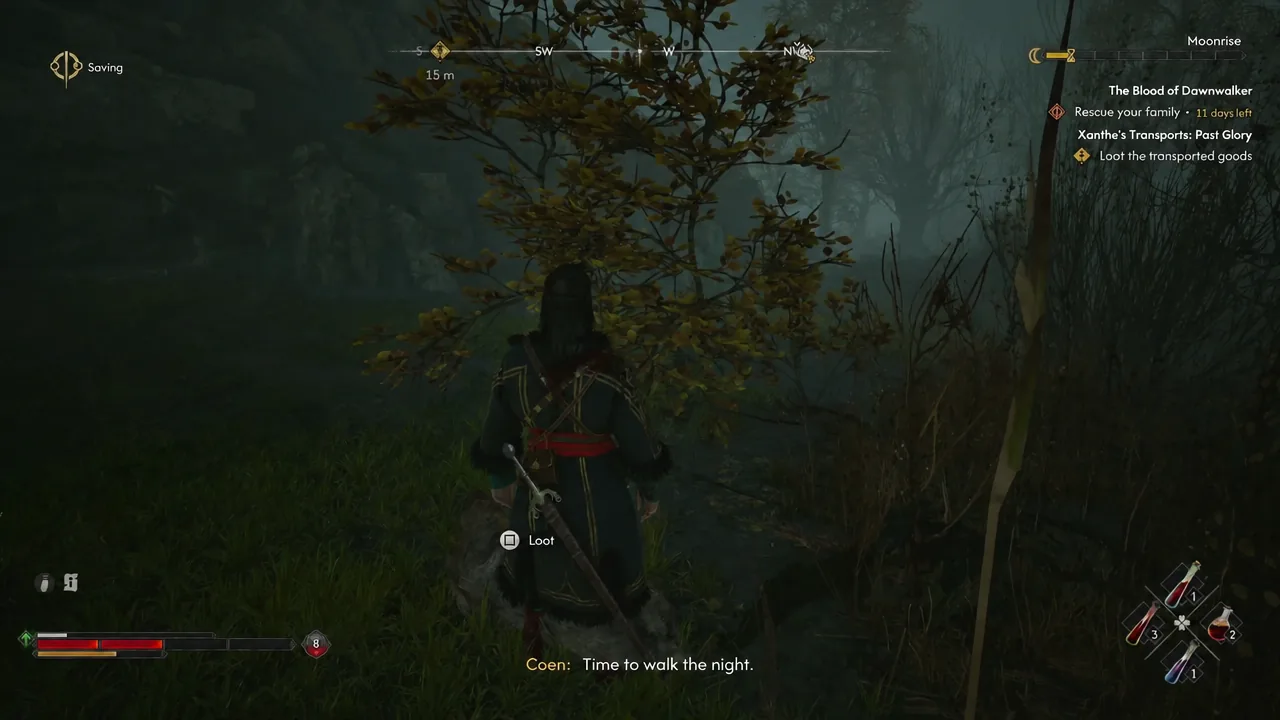 On-screen Loot button prompt appearing over a fallen enemy after the transport fight