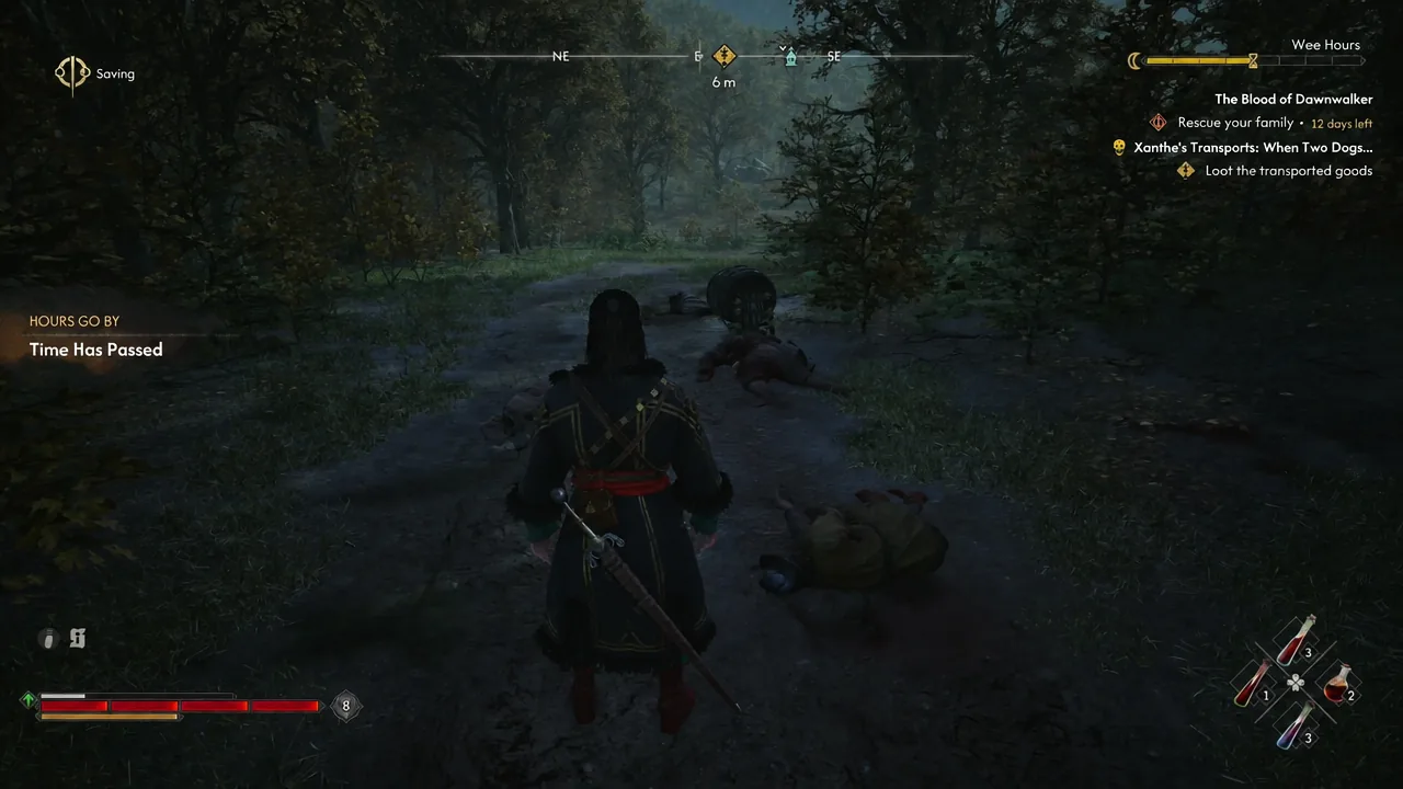 Time Has Passed prompt on screen while walking toward the 6 m loot marker in the forest