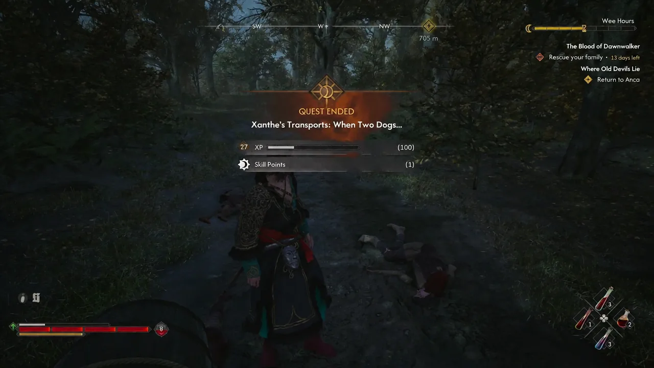 Quest Ended card for Xanthe's Transports: When Two Dogs showing 100 XP and 1 Skill Point