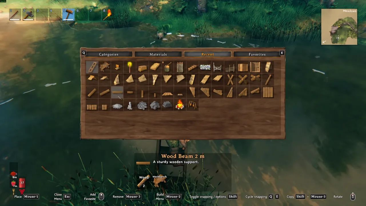 Building projects like this river crossing only count toward achievements when the materials were gathered normally.