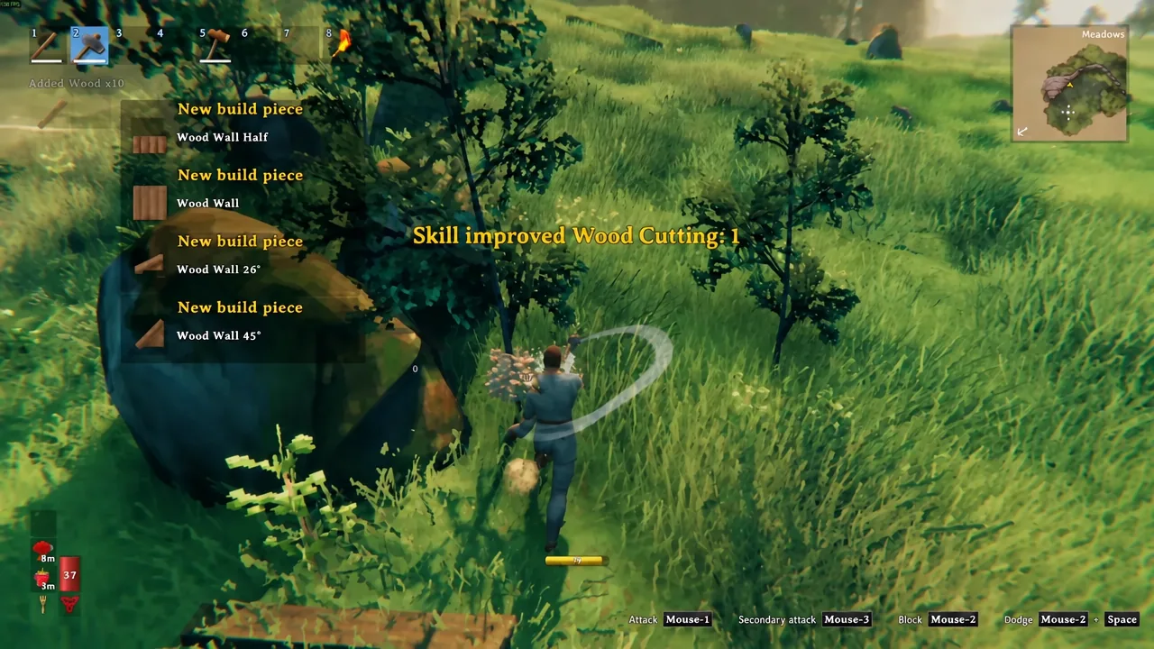 With Hammer Mode off, building pieces cost resources again and count toward achievements like The Builder and The Lumberjack.