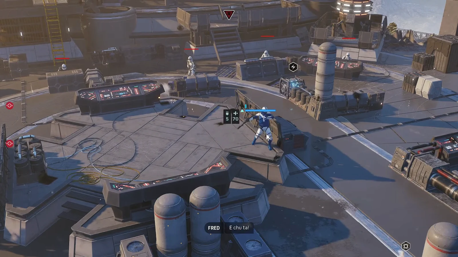 Combat view on a Mordant Citadel rooftop platform with several white-armored Imperial troopers engaged