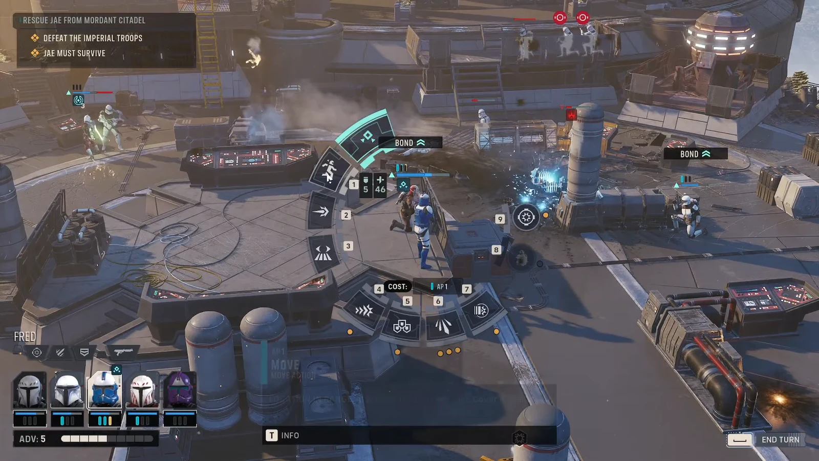Radial ability menu open with the Bond ability highlighted and its AP cost displayed mid-combat