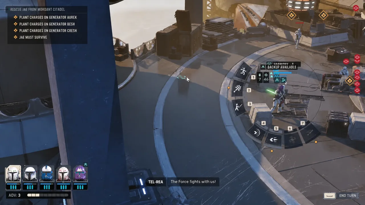 Radial ability wheel open around a selected clone trooper with Backup Available shown during the Besh defense
