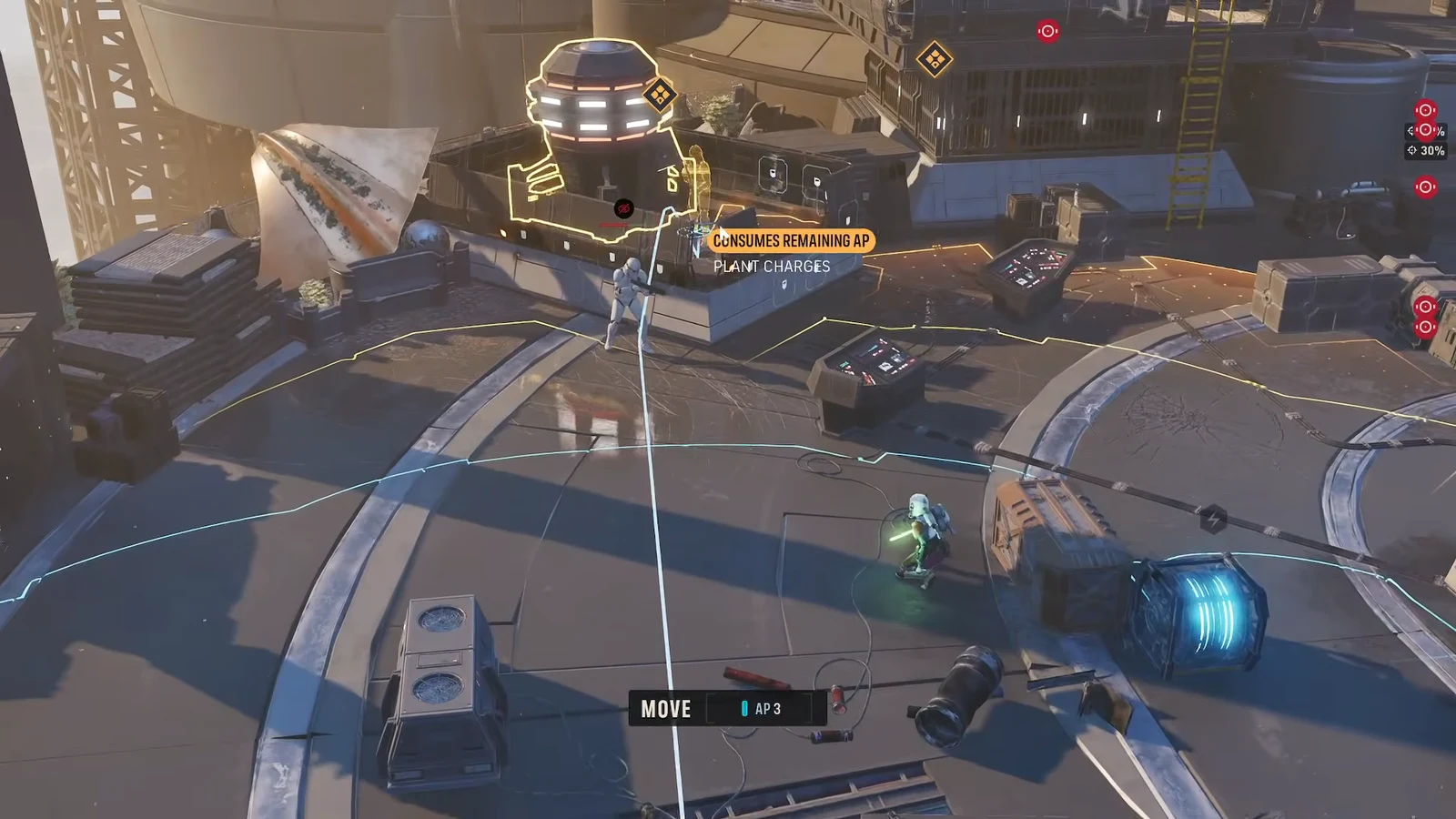 Plant Charges objective highlighted on the tactical grid with a Consumes Remaining AP warning