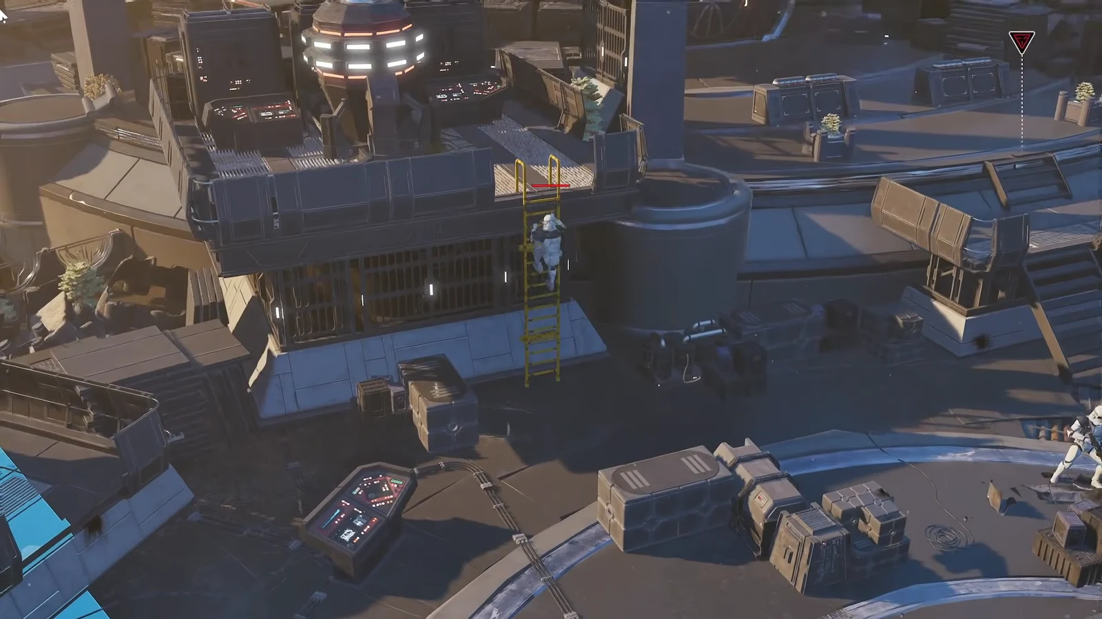 A trooper climbing a yellow ladder up to a raised industrial platform inside Mordant Citadel