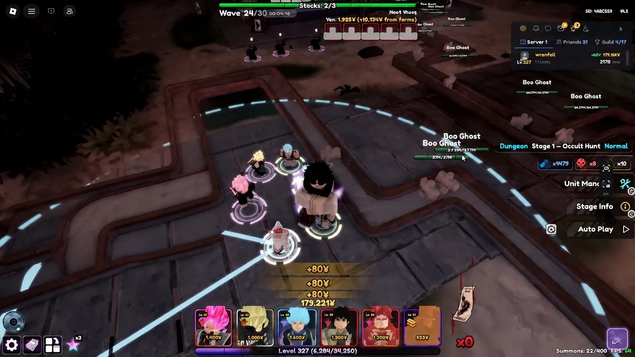 Dungeon Stage 1 Occult Hunt with units fighting Boo Ghosts and the Auto Play button visible
