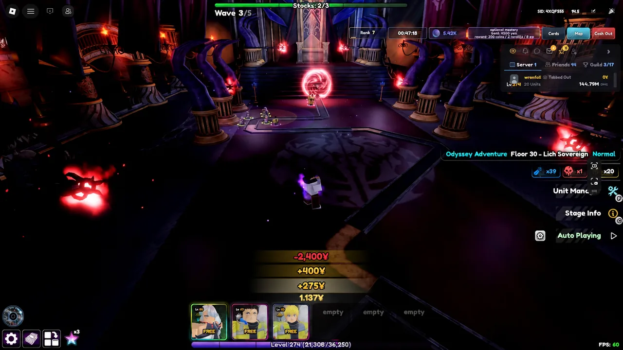 Odyssey Adventure run in progress on Floor 30 against Lich Sovereign with Auto Playing enabled