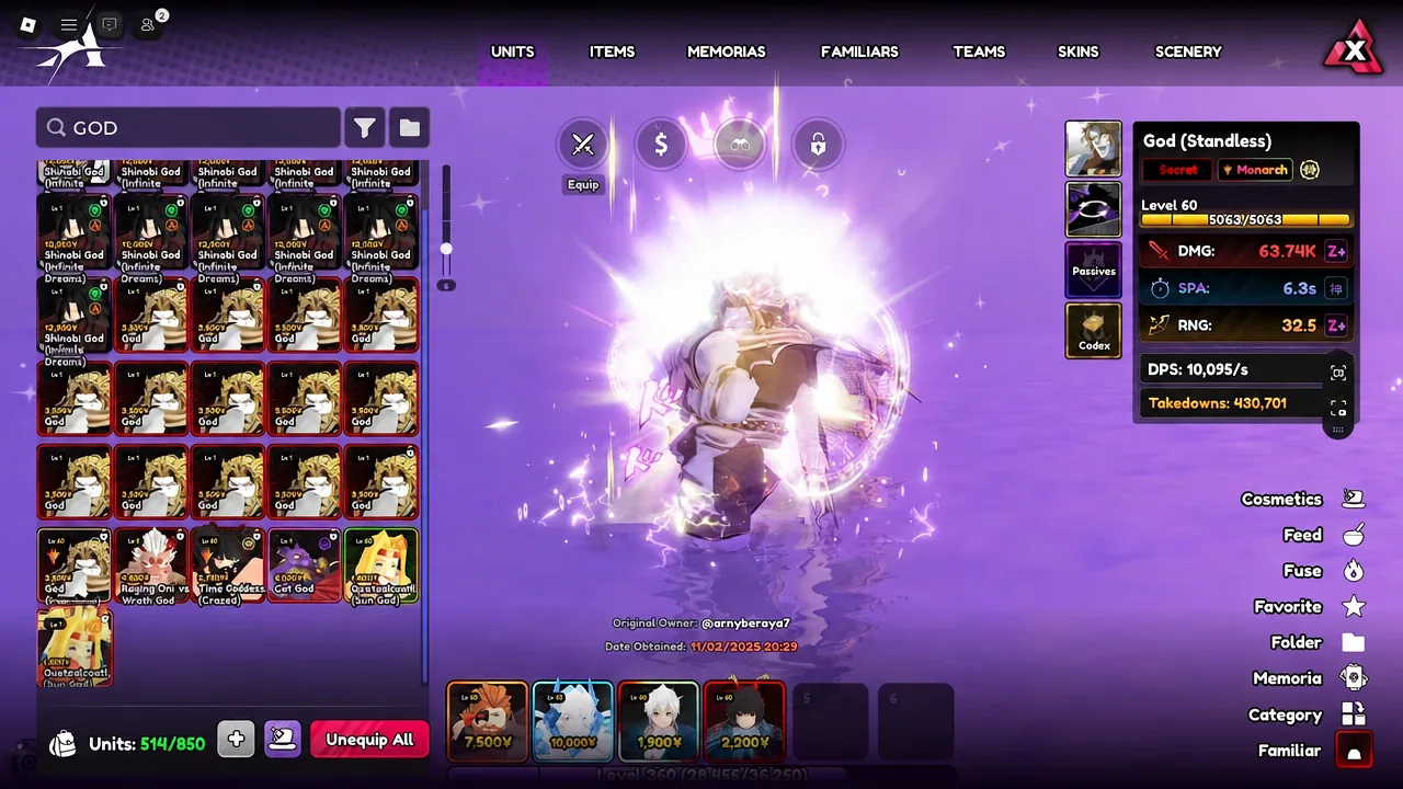 God (Standless) selected in the units inventory with its stats and available actions shown