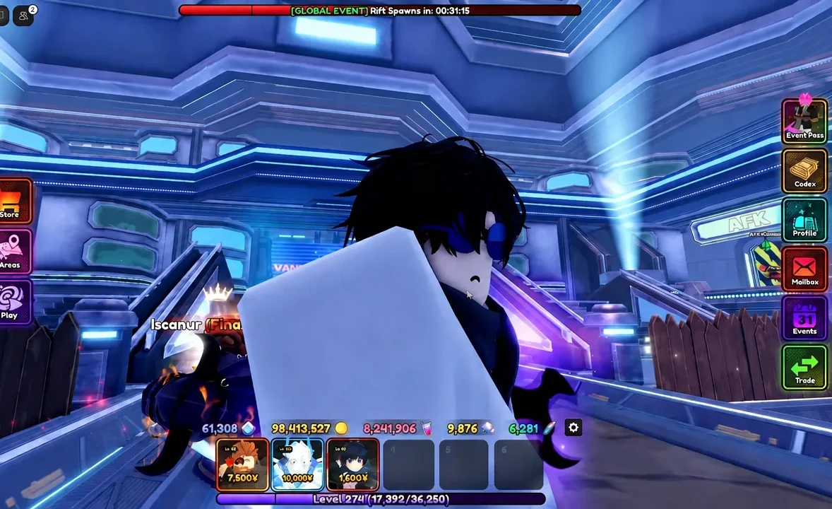 Anime Vanguards hub with the player avatar and the green Trade button on the right side of the screen
