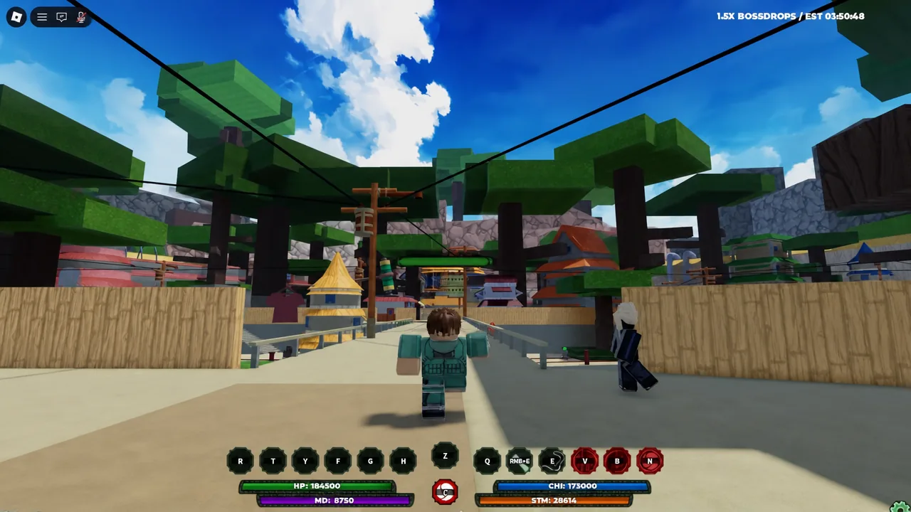 Player character sprinting through a village in Shindo Life with the keyboard control HUD visible