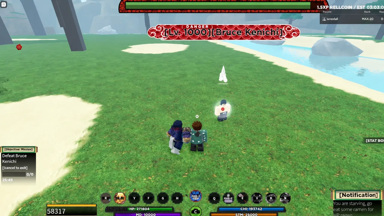 Combat screen during the Defeat Bruce Kenichi mission against the Lv. 1000 boss