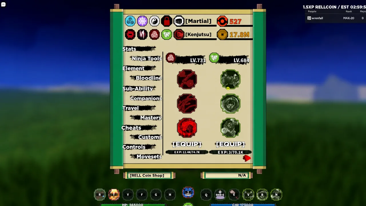 Stats screen open on the Bloodline tab showing two loadouts with Equip buttons