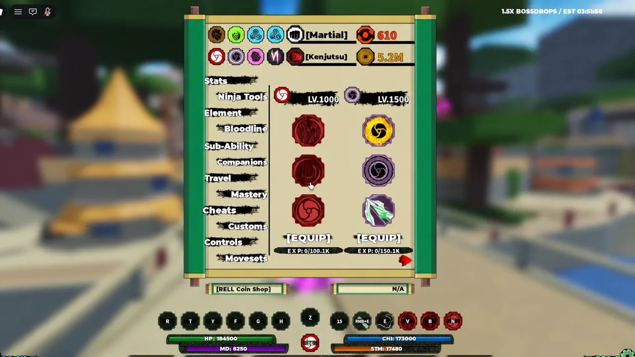 Ninja Tools tab in the Stats menu listing equipped tools and their levels