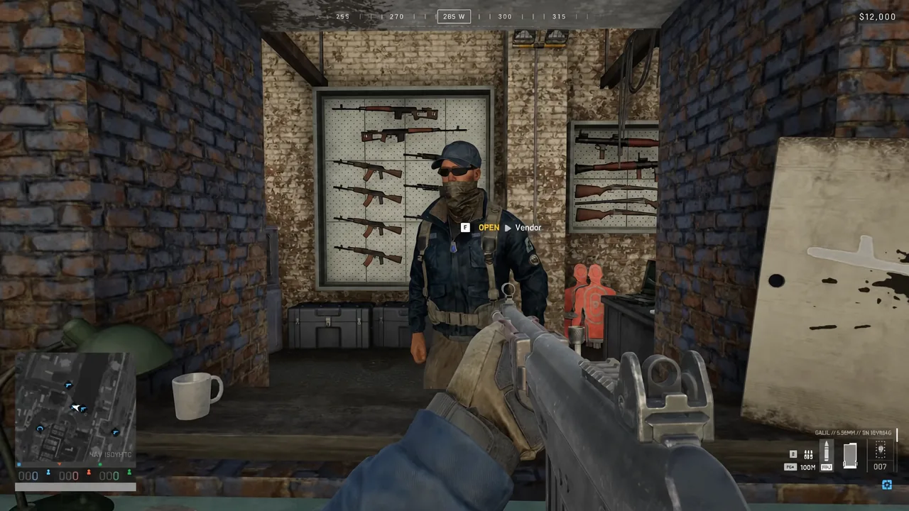 The F OPEN interaction prompt highlighted in front of the Vendor before the shop menu opens