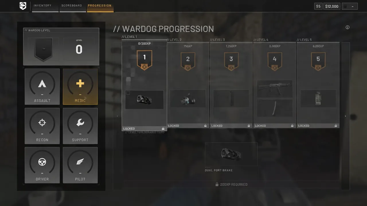 Wardog Progression screen with the Medic class tile selected to view its rewards