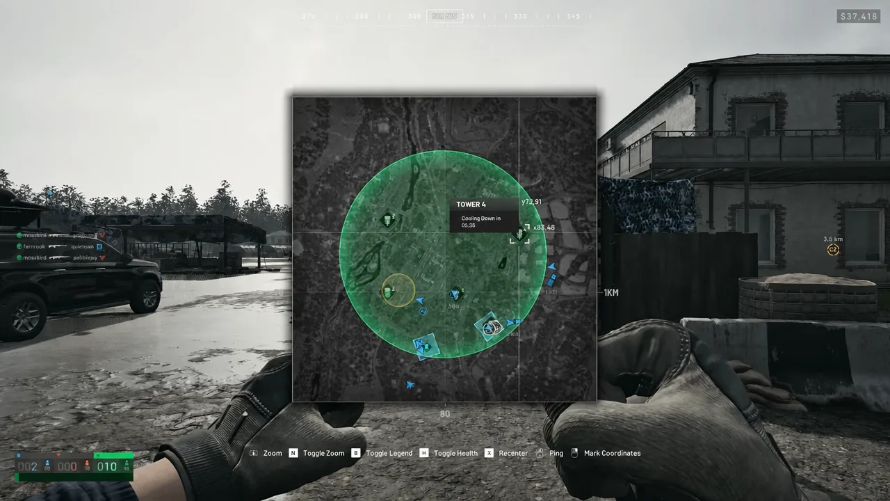 Map screen showing TOWER 4 with a Cooling Down timer in the green zone