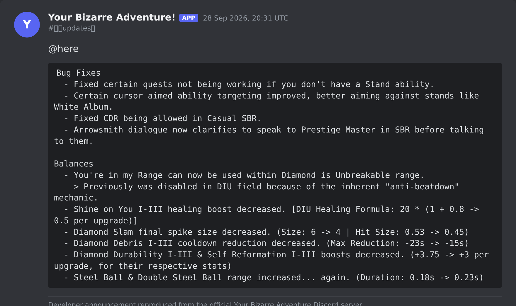 The Your Bizarre Adventure update post in the game's Discord server