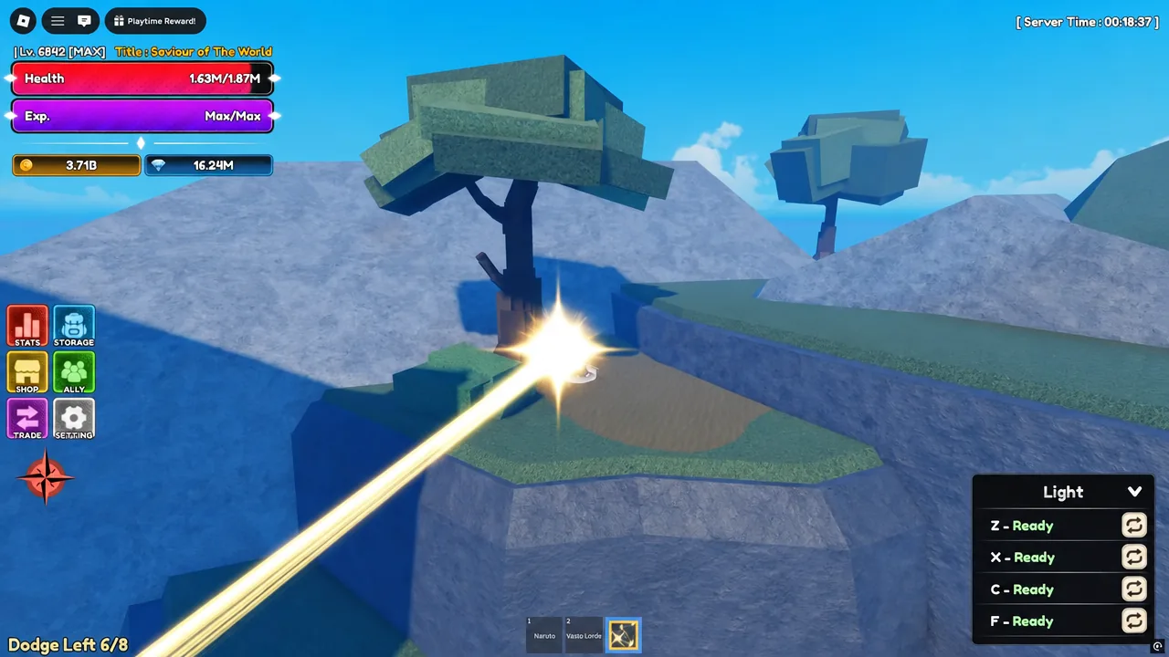 Yuta firing his third hotbar ability, a long beam attack, during Lineage Piece gameplay