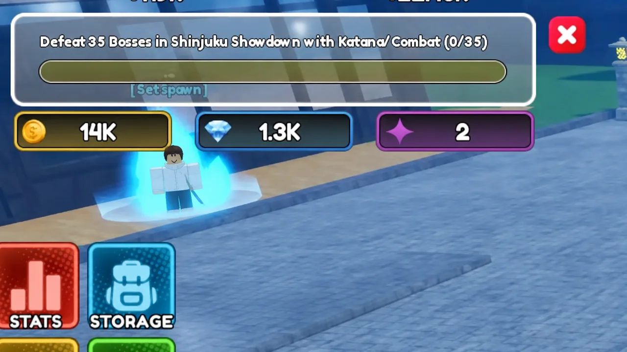 Quest tracker showing the Shinjuku Showdown boss objective at 0 of 35 with the set spawn prompt