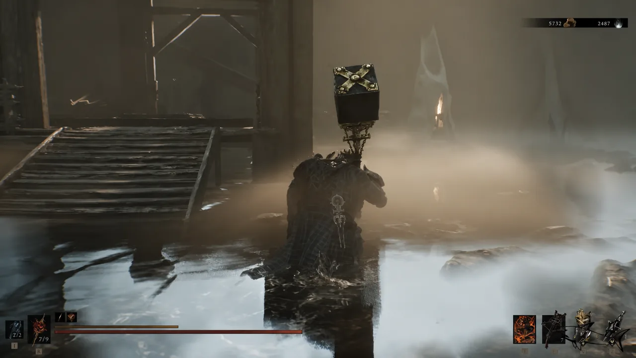 Player character wading through a flooded underground chamber toward a lit doorway