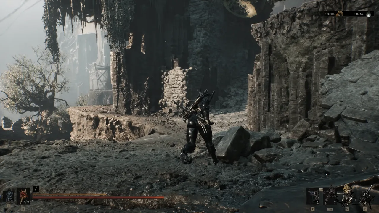 Player character moving through the ruined stone courtyard on the way to the High Lord's Courtyard Beacon