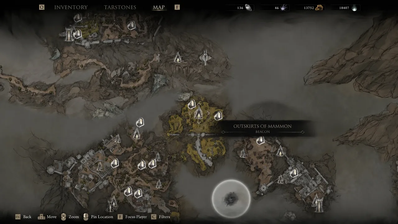 The map screen with the Outskirts of Mammon Beacon highlighted, the starting point for the run.