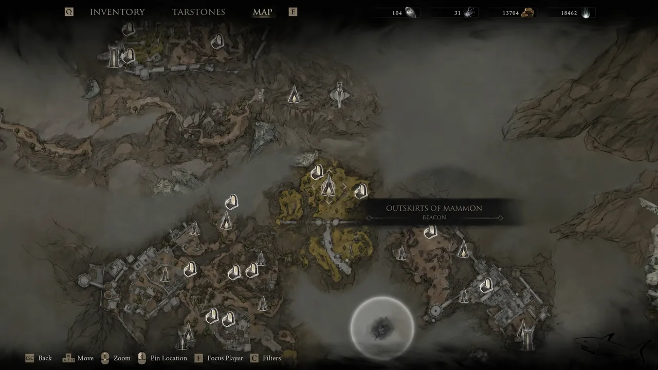 Map screen with the Outskirts of Mammon Beacon selected as the starting point for the run