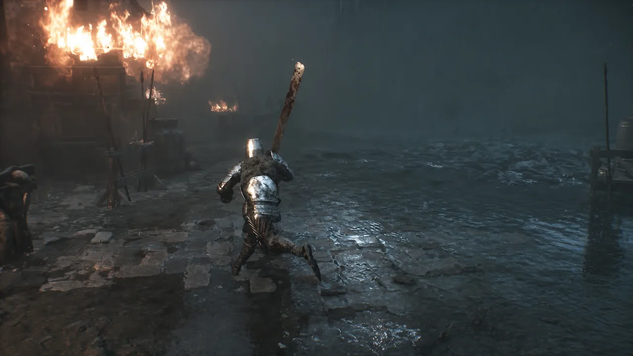 Armored knight crossing a flooded stone courtyard toward burning buildings during the memory