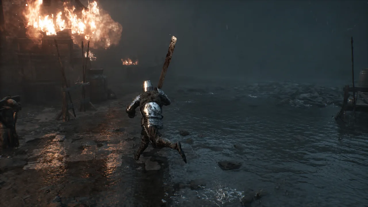 Armored knight running through shallow water past burning structures during the memory sequence