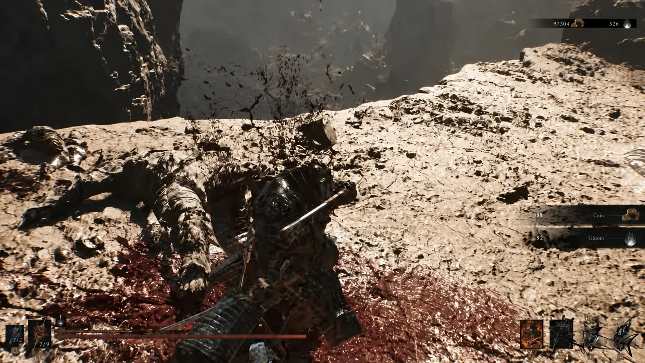 Player standing over a defeated enemy as Coin and Ginseng pickup notifications appear