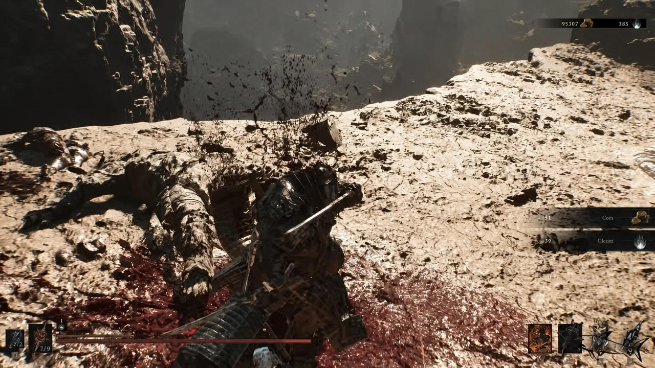 Coin and Gleam pickup notifications appearing as the player clears enemies inside the ruins