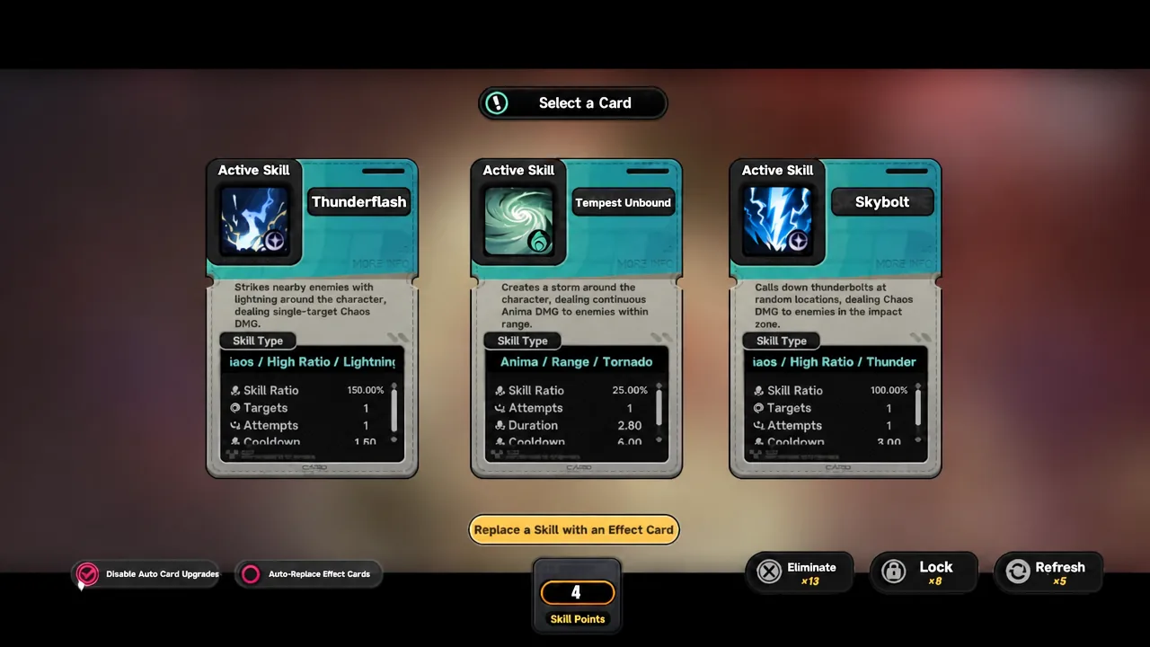 Select a Card screen with the Replace a Skill with an Effect Card option highlighted
