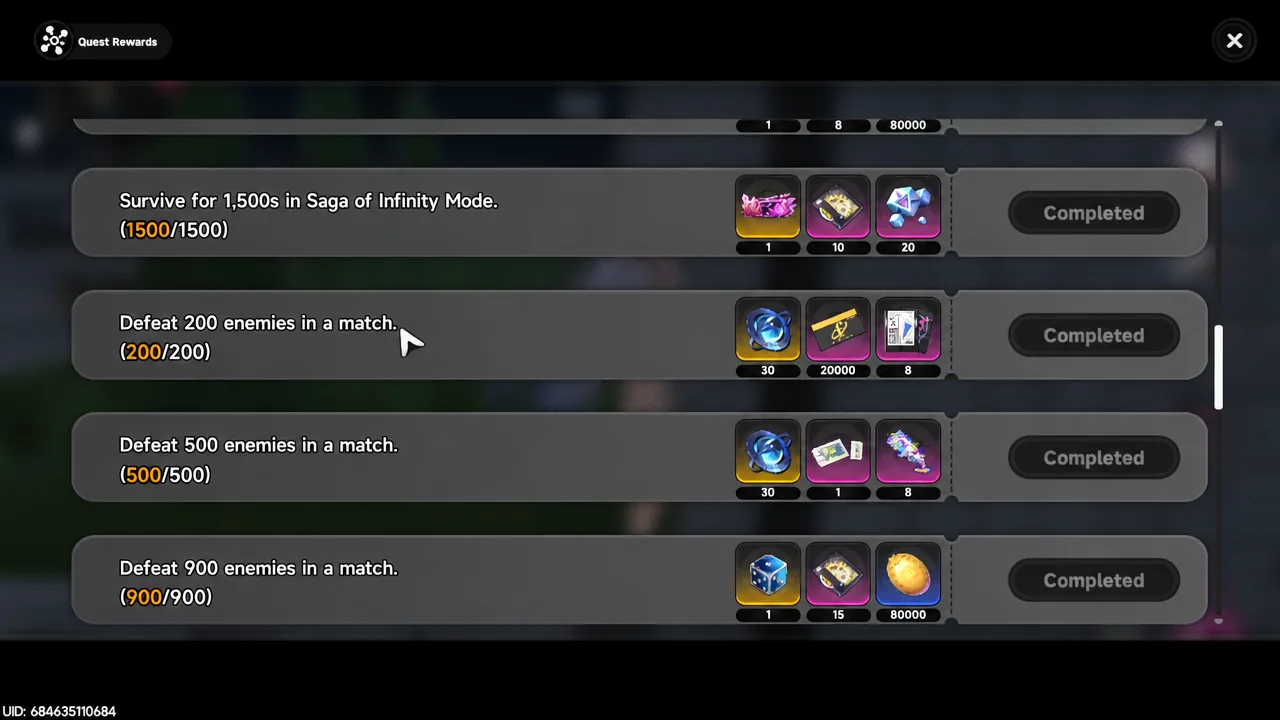 Runaway Echoes Quest Rewards list showing completed objectives and their reward items