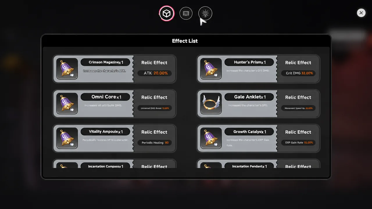 Effect List screen with the cube tab open showing collected relics and their effects