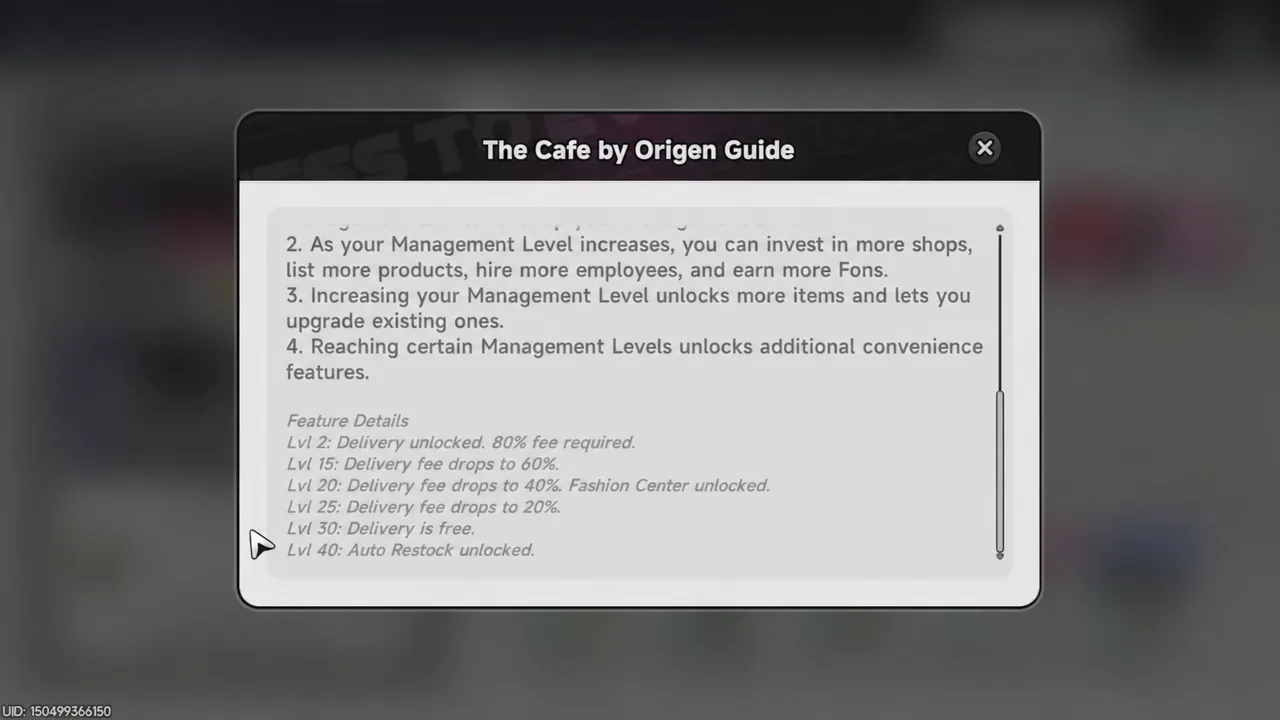 The Cafe by Origen Guide popup scrolled to the Feature Details section listing management milestones