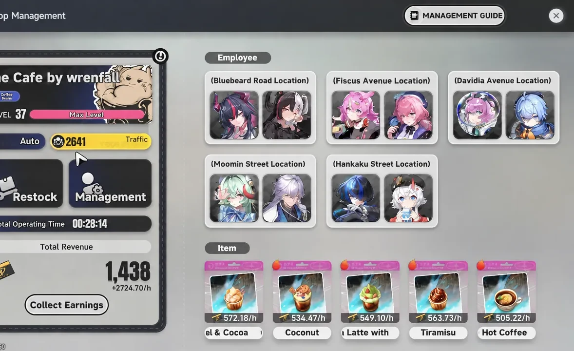 Management Guide screen displaying the Employee and Item panels for the cafe
