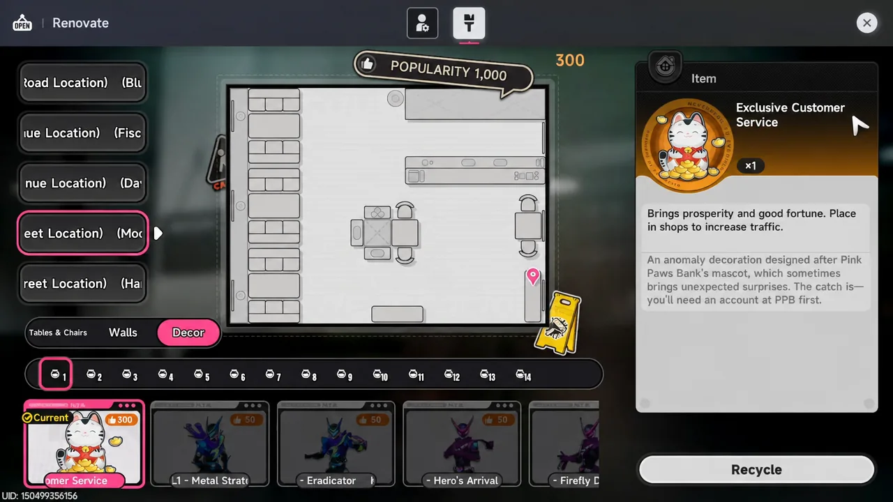 Renovate screen with the Decor tab open and the Exclusive Customer Service item being placed in the café